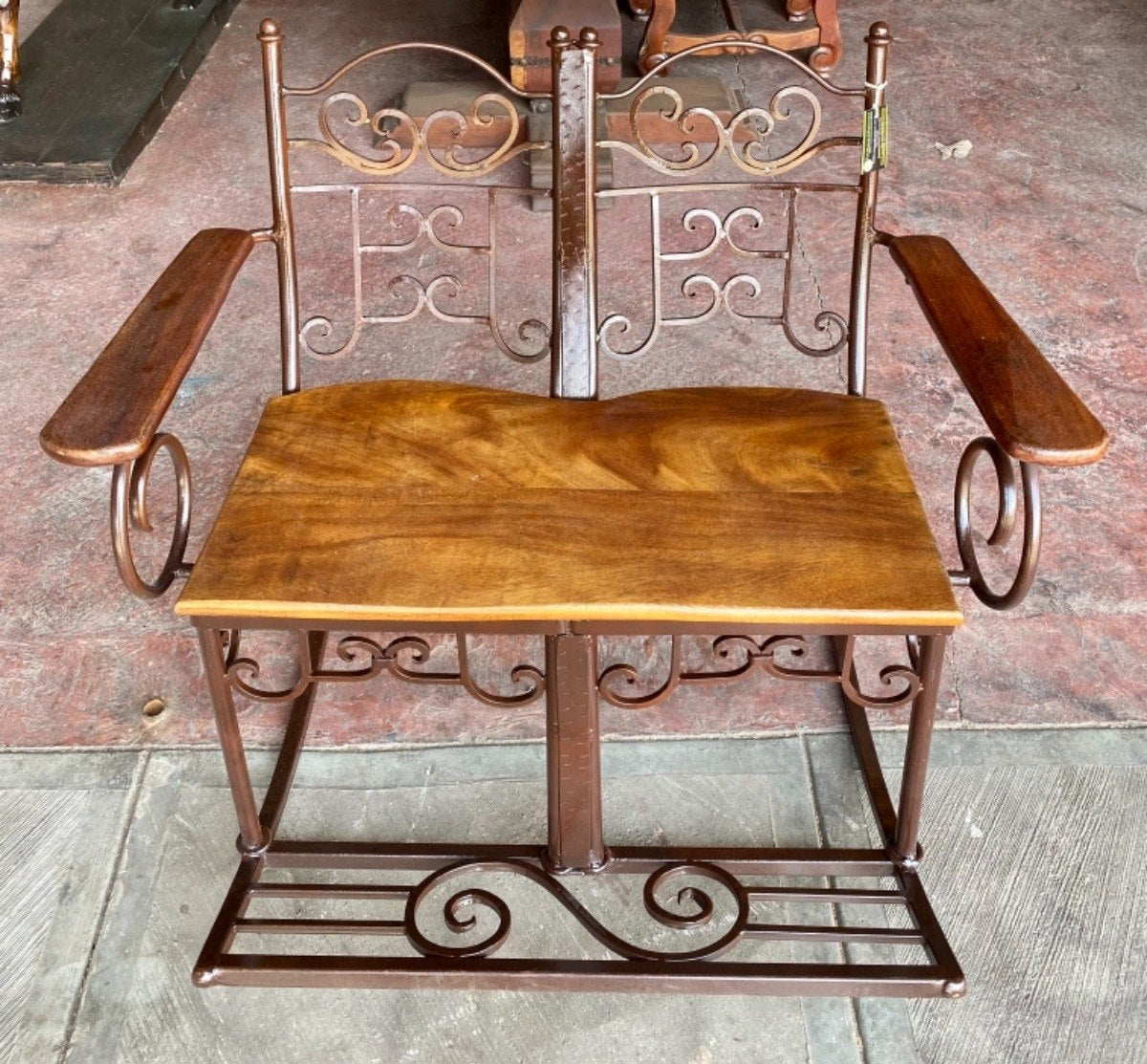 Antique Style Wrought Iron and Parota Rocking Bench