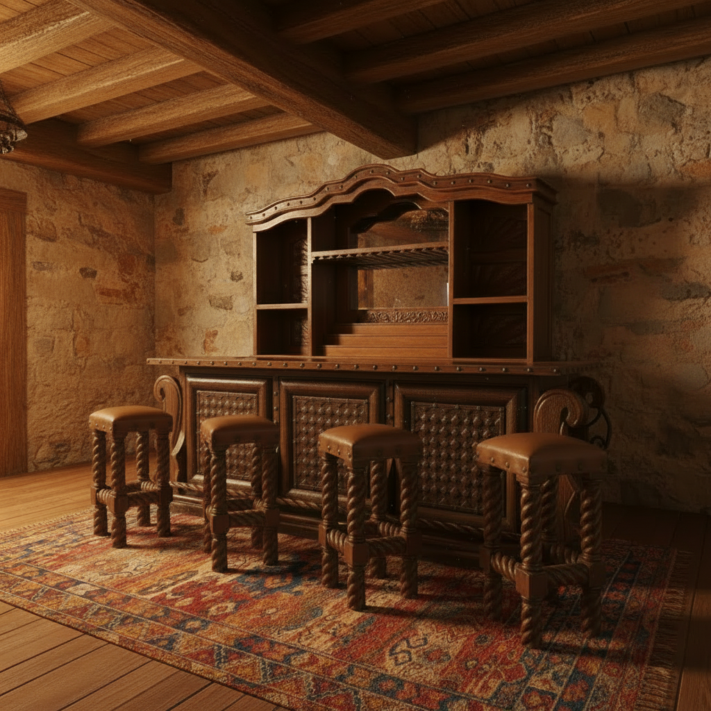 Antique Mesquite Wood and Wrought Iron Cantina Bar