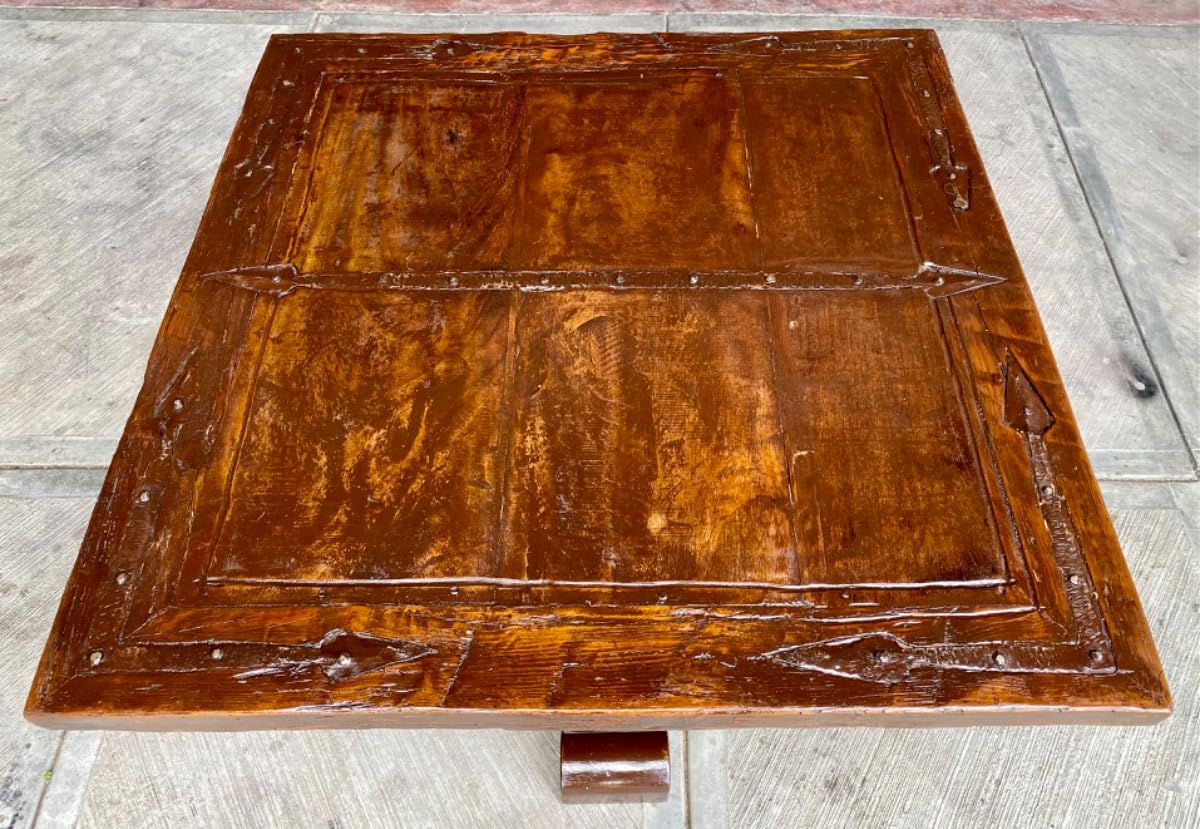 Mesa de comedor rústica hecha a mano, 1m x 1m x 77cm, madera de 200 años, cubierta de puerta antigua, patas de techo de finca