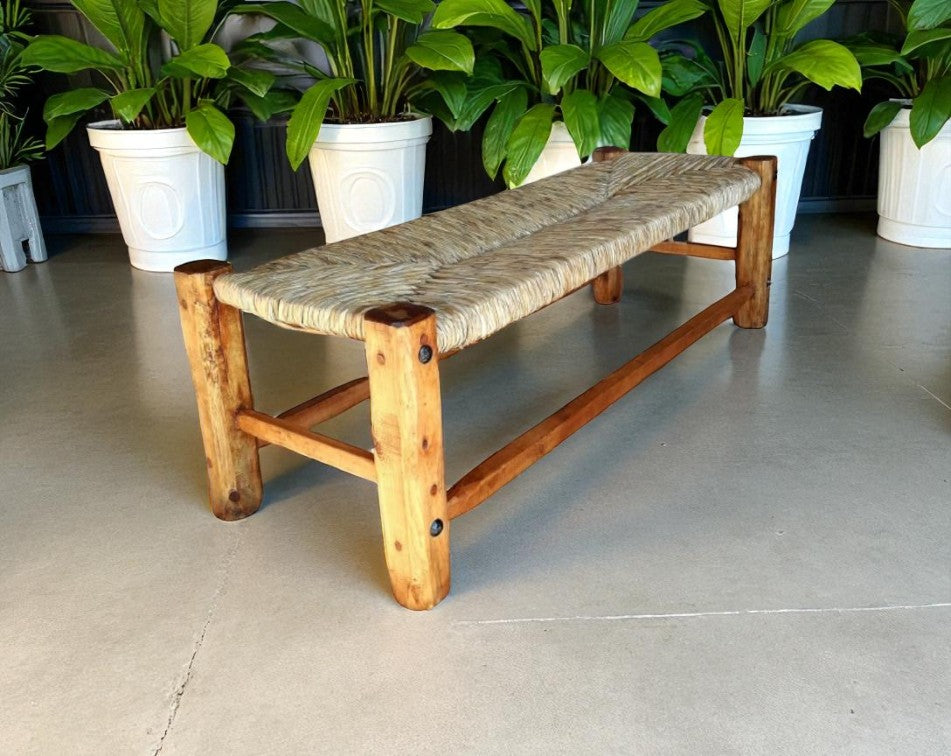 Antique Style Wrought Iron and Tule Wood Handcrafted Bench.