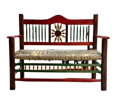 Minimalist style wooden bench with sunflowers for two people