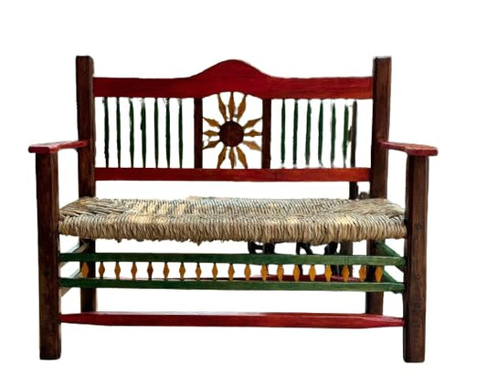 Minimalist style wooden bench with sunflowers for two people
