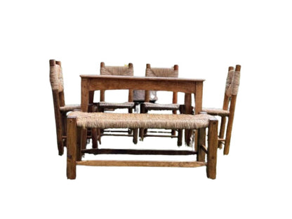 Juego de comedor de 4 sillas rústico con banco rectangular de madera de encino ideal para todo tipo de espacios.