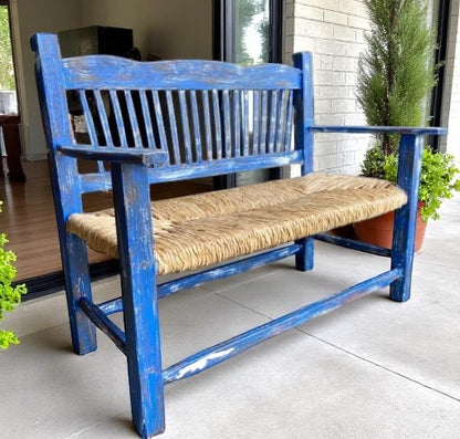 Antique Vintage Style Blue Handcrafted Wooden Bench