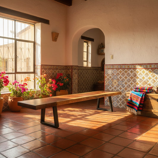 Banca de Madera de Parota con Patas de Hierro Forjado | Madera maciza, Borde natural vivo, Base de metal negro, Diseño rústico, Para interiores