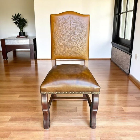 Handcrafted Parota and Chiseled Leather Chair, Antique Style 