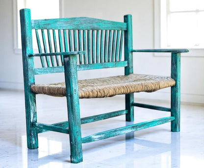 Handcrafted solid wood bench with tulle woven seat, decorated with wrought iron, hand-polished wax
