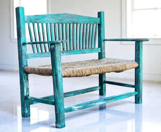 Handcrafted solid wood bench with tulle woven seat, decorated with wrought iron, hand-polished wax