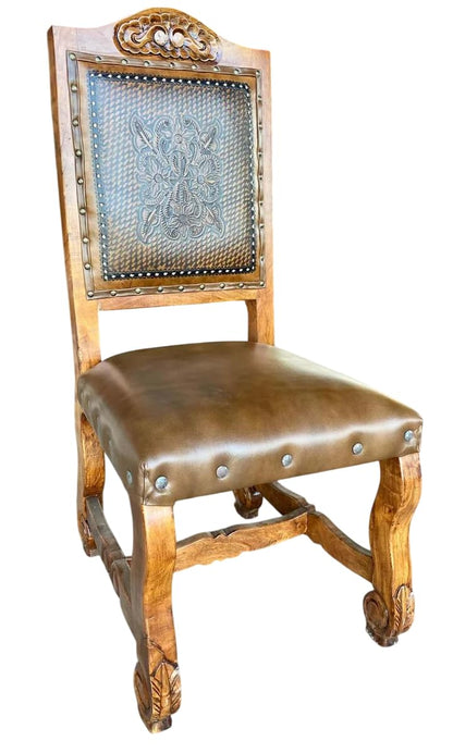 Silla Artesanal Madera De Mezquite Con Piel Estilo Antiguo.