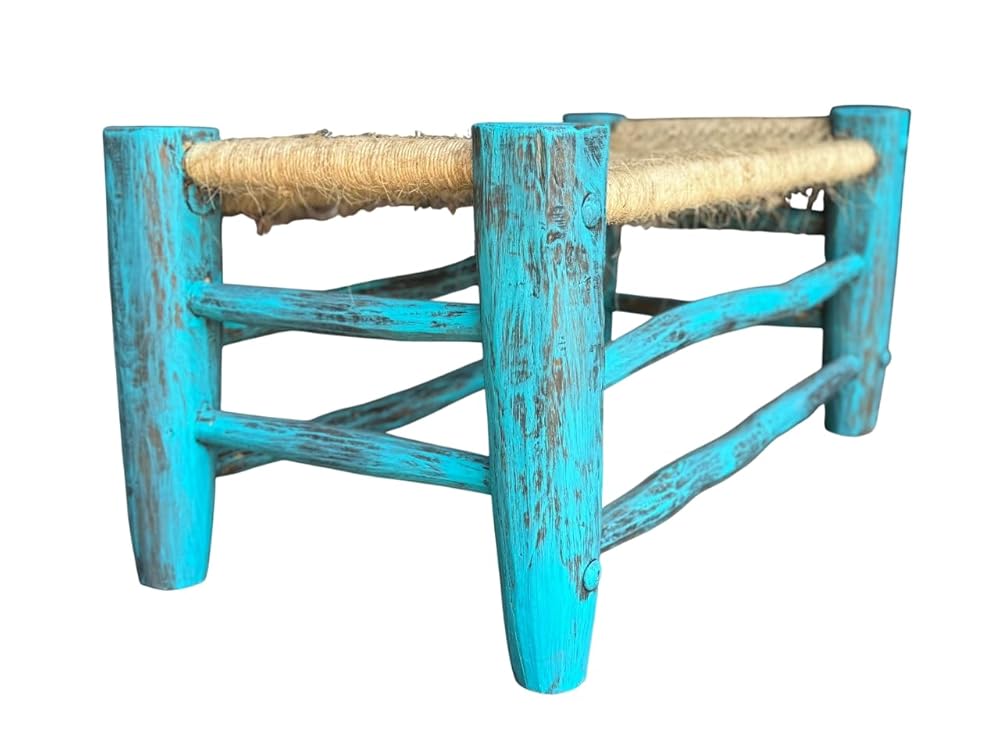 Blue Handmade Bench, Wrought Iron Wood and Tulle, Antique Style.