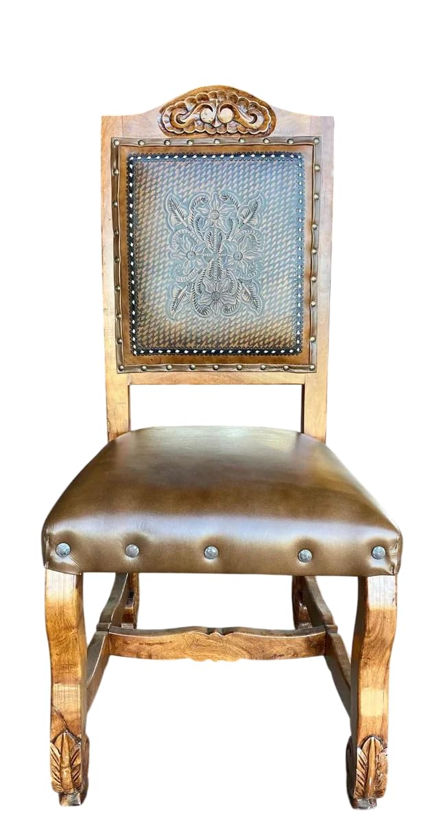 Silla Artesanal Madera De Mezquite Con Piel Estilo Antiguo.