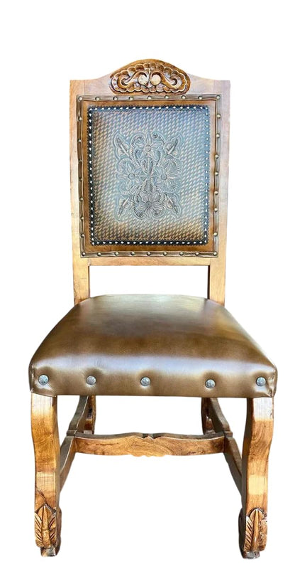 Silla Artesanal Madera De Mezquite Con Piel Estilo Antiguo.