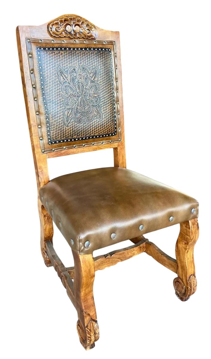 Silla Artesanal Madera De Mezquite Con Piel Estilo Antiguo.