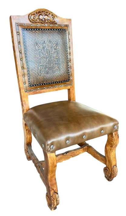 Silla Artesanal Madera De Mezquite Con Piel Estilo Antiguo.