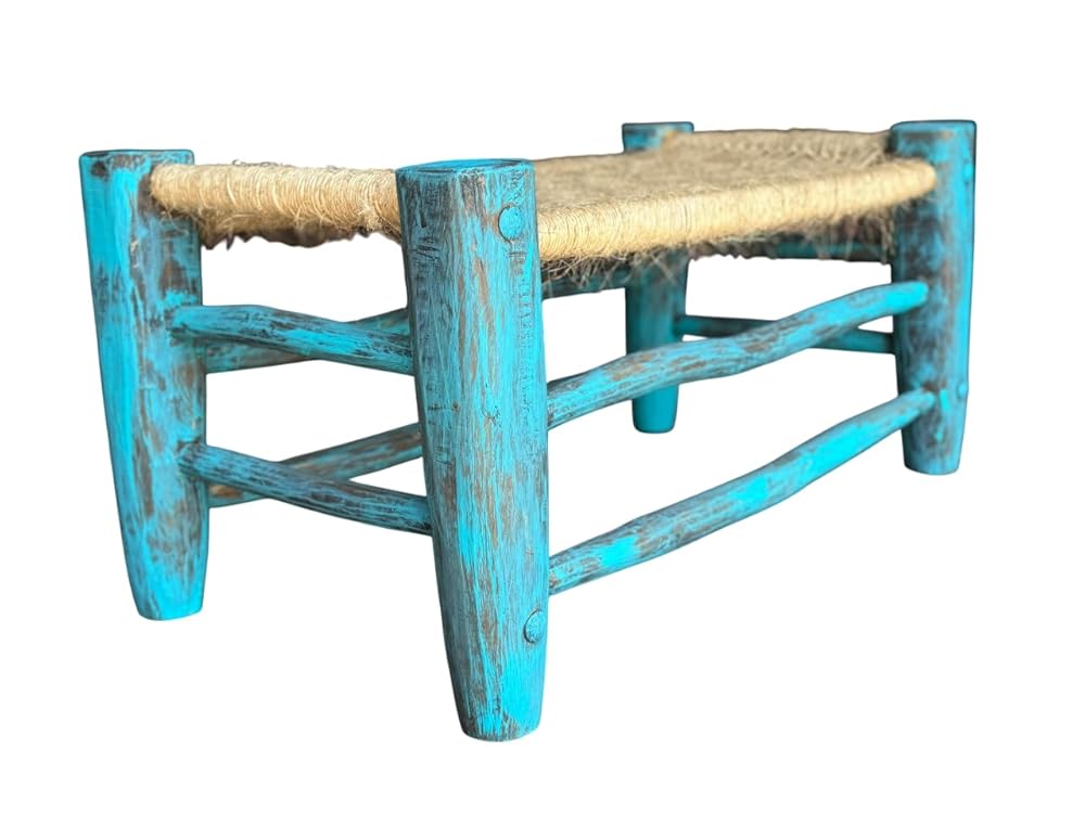 Blue Handmade Bench, Wrought Iron Wood and Tulle, Antique Style.