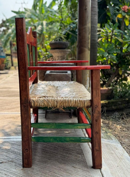Minimalist style wooden bench with sunflowers for two people