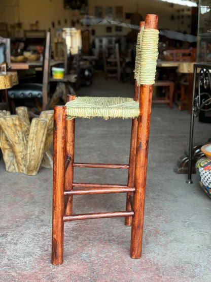 Banco Artesanal de Madera Maciza con Asiento Tejido de Tule, 75 cm de Altura, Protegido con Cera y Barniz Marino