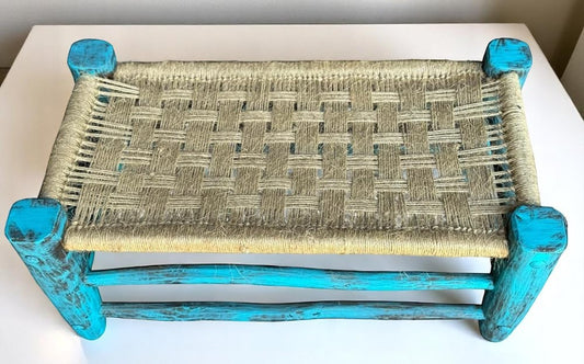 Banca Artesanal Azul Madera Forja Y Tule Estilo Antiguo.