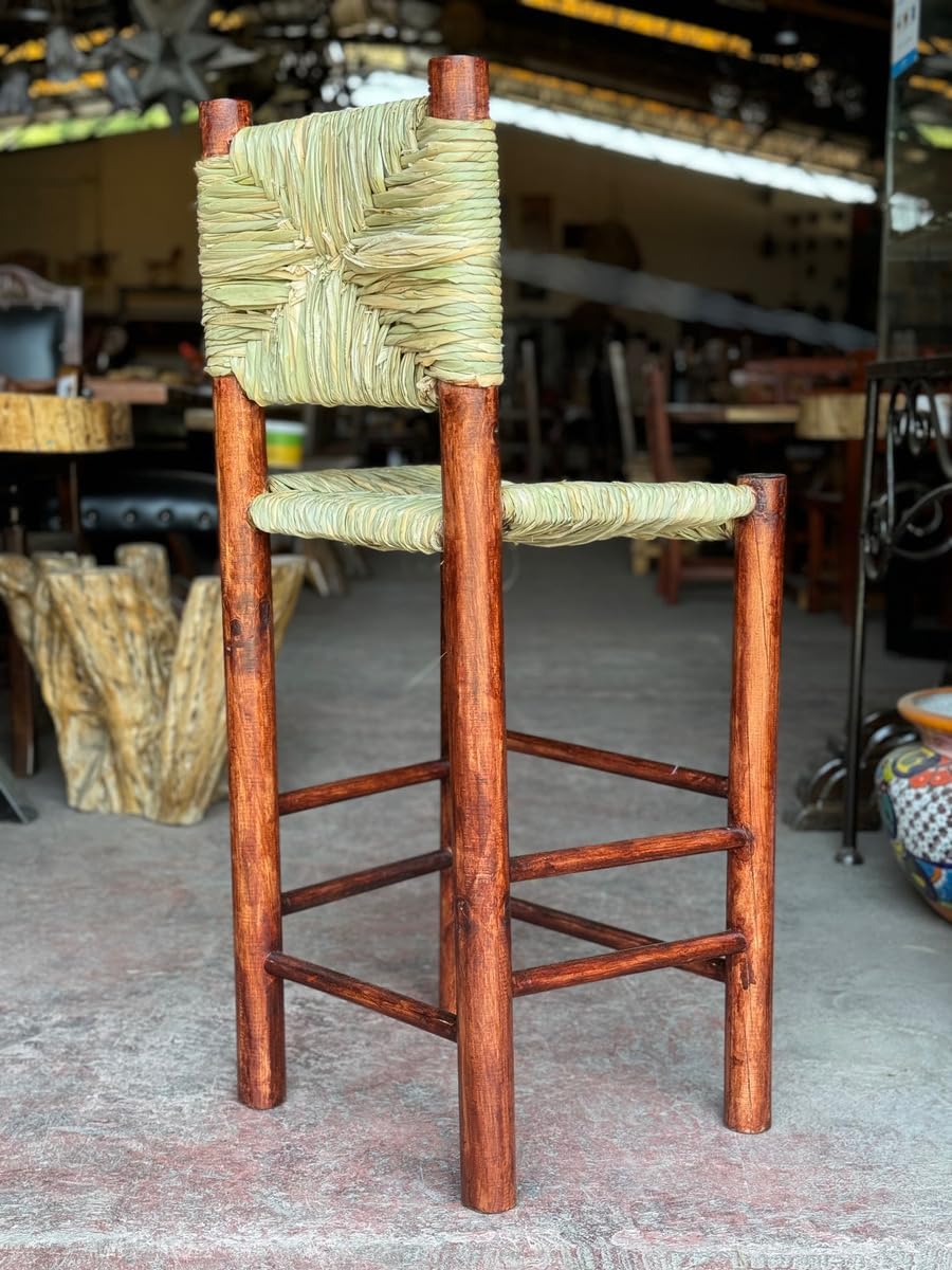 Banco Artesanal de Madera Maciza con Asiento Tejido de Tule, 75 cm de Altura, Protegido con Cera y Barniz Marino