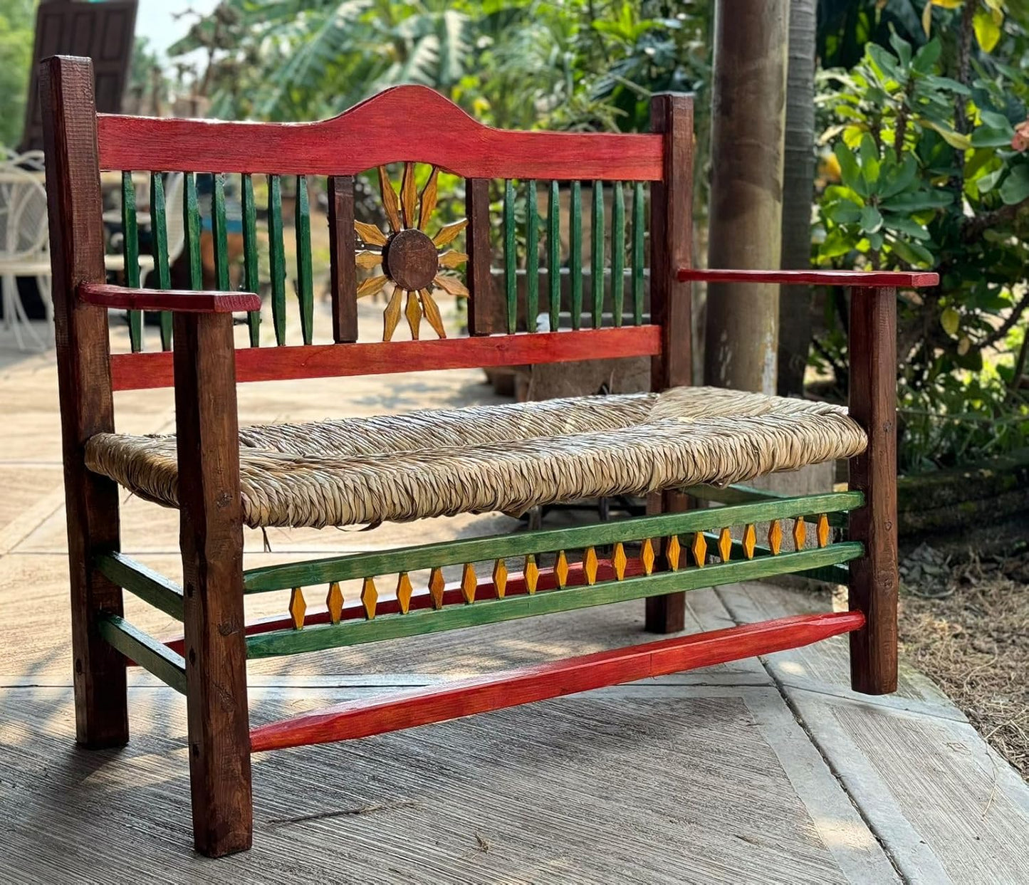 Minimalist style wooden bench with sunflowers for two people