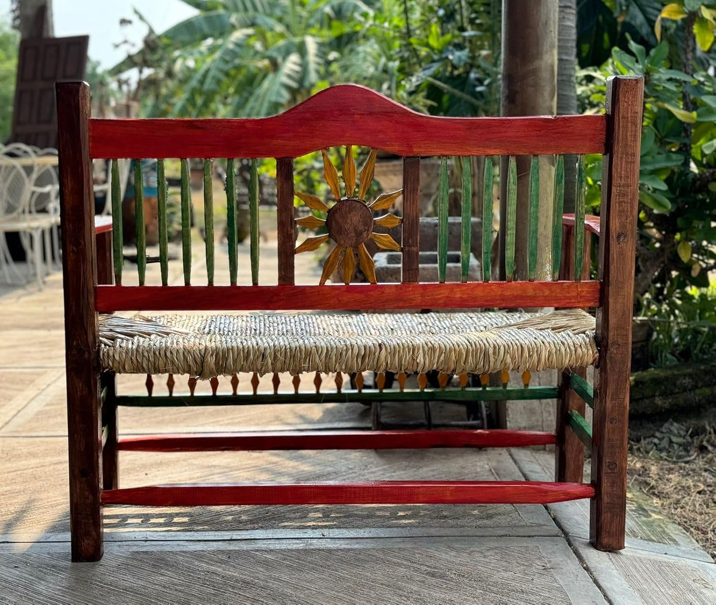 Minimalist style wooden bench with sunflowers for two people