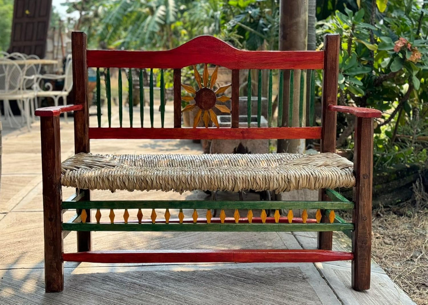 Minimalist style wooden bench with sunflowers for two people