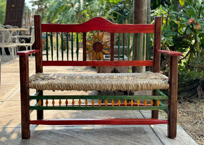 Minimalist style wooden bench with sunflowers for two people
