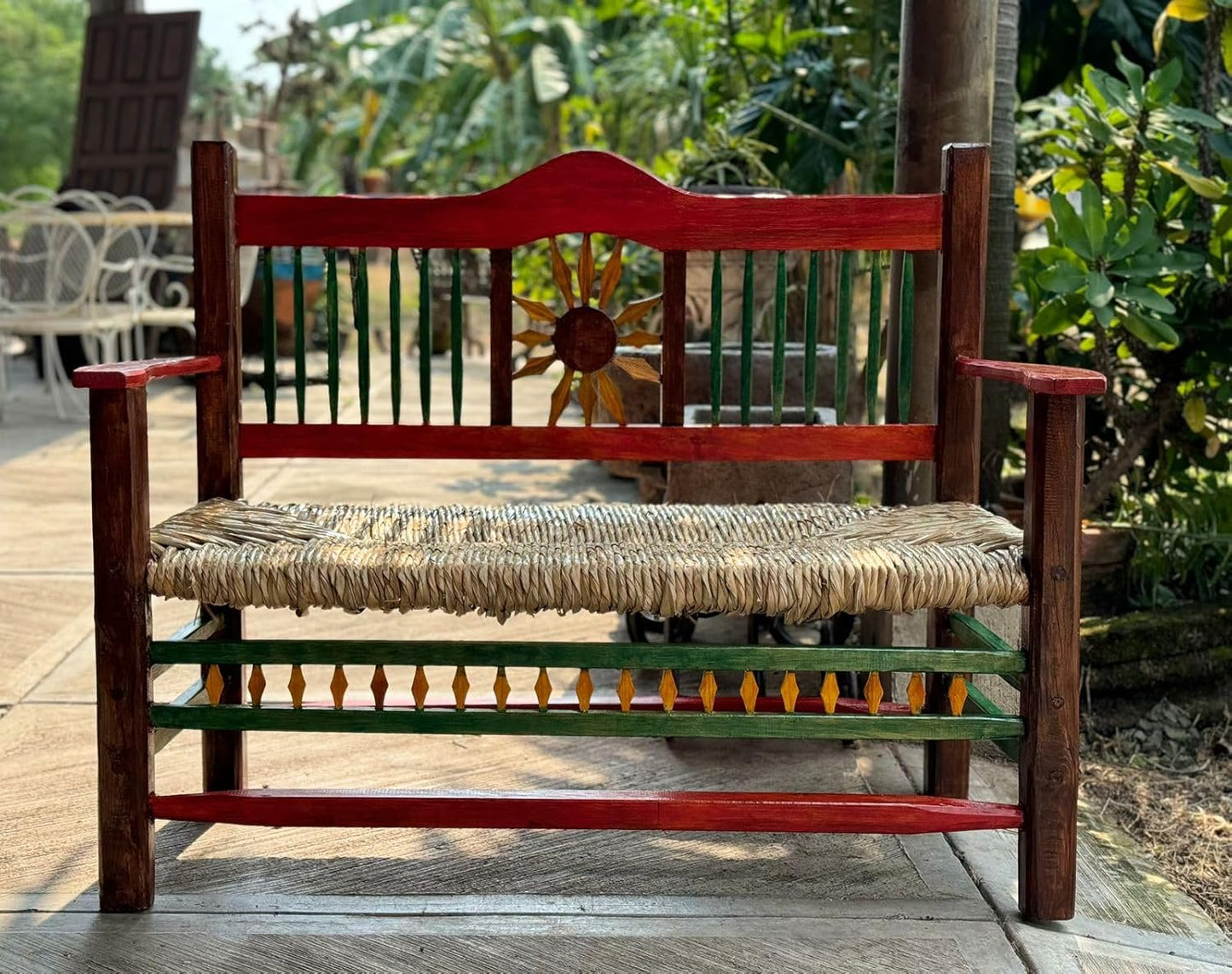 Minimalist style wooden bench with sunflowers for two people