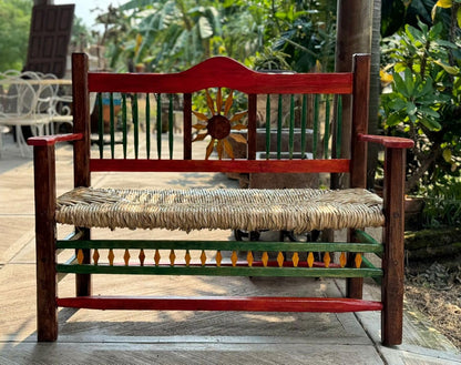 Minimalist style wooden bench with sunflowers for two people