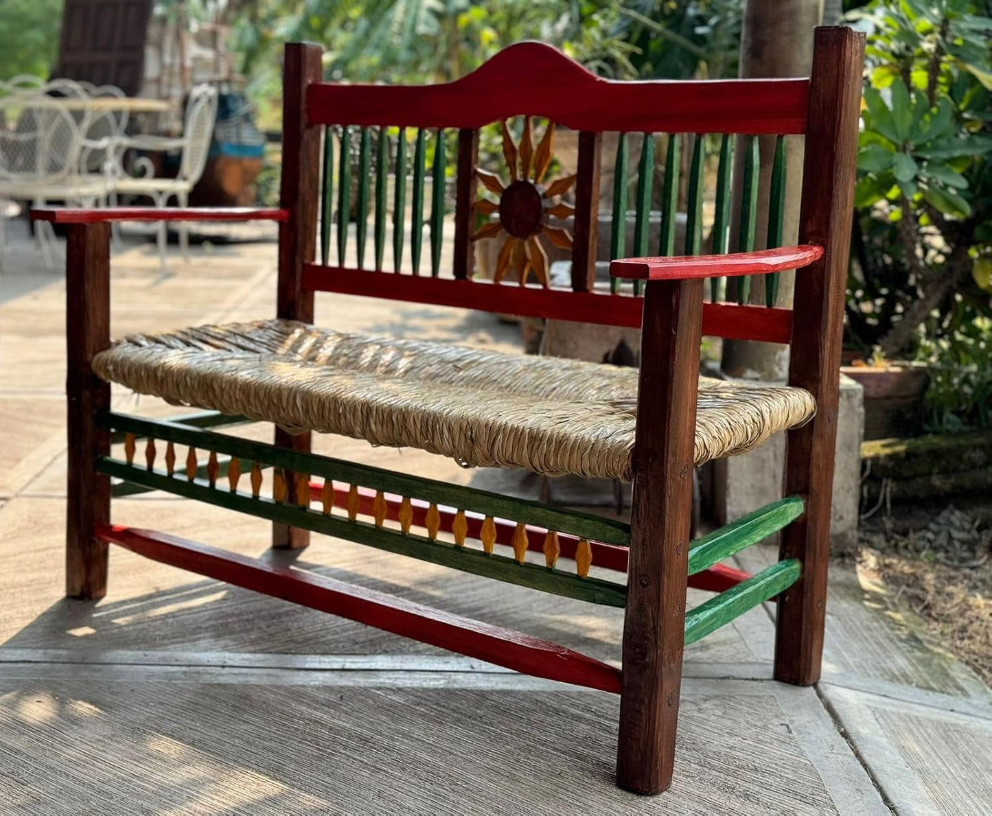 Minimalist style wooden bench with sunflowers for two people
