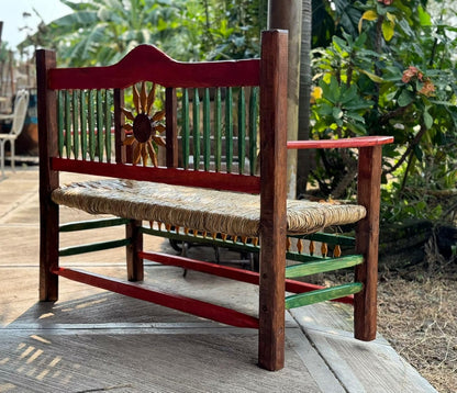 Minimalist style wooden bench with sunflowers for two people