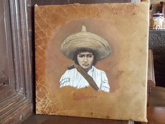 Hermosa Pintura Oleo Sobre Piel Antigua. Soldadera.