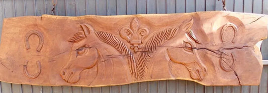 Antique and Original Mesquite Plank with Horse Carving 