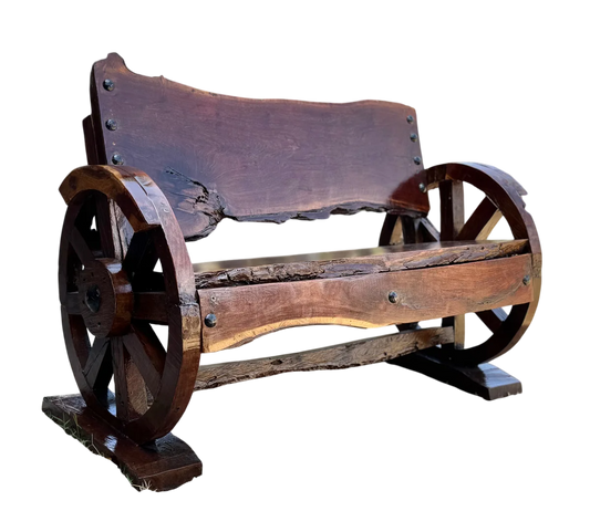 Antique 2-inch (5 cm) thick mesquite wood bench, handcrafted, for 2 people, with antique backrest, original casters, over 100 years old