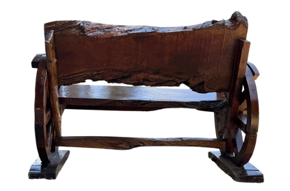 Banca de madera de mezquite antigua de 2 pulgadas (5 cm) de grosor, hecha a mano, para 2 personas, con respaldo antiguo, ruedas originales, más de 100 años