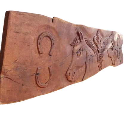 Antique and Original Mesquite Plank with Horse Carving 