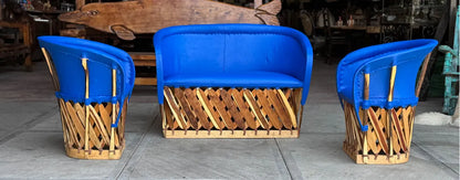 Blue Equipal Wood and Leather Antique Style Handcrafted Room.