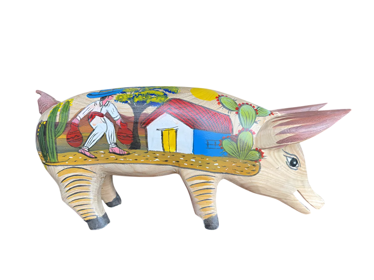 Antigua Escultura Cerdo Puerco Decorado Al Óleo. Oleo