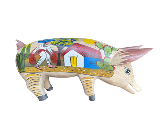 Antigua Escultura Cerdo Puerco Decorado Al Óleo. Oleo