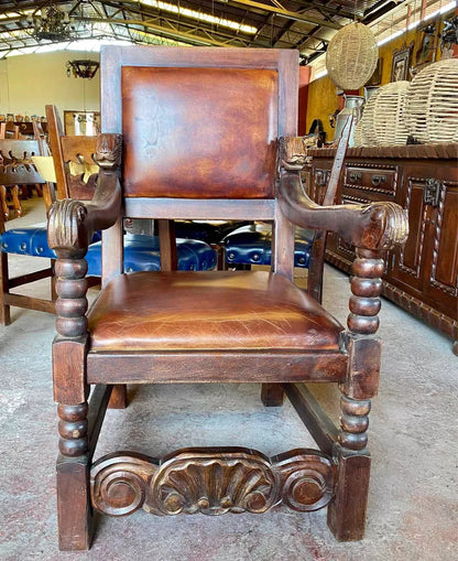 Sillon De Madera De Mezquite Tallado A Mano Y Piel