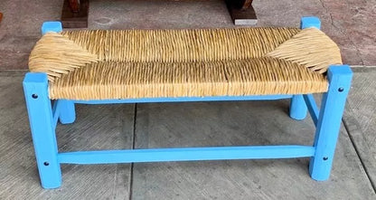 Banca Artesanal Azul Madera Forja Y Tule Estilo Antiguo.