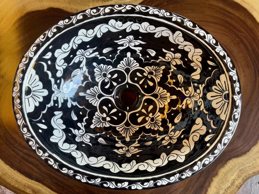 Oval Talavera Fine Sink Black and White Antique Style