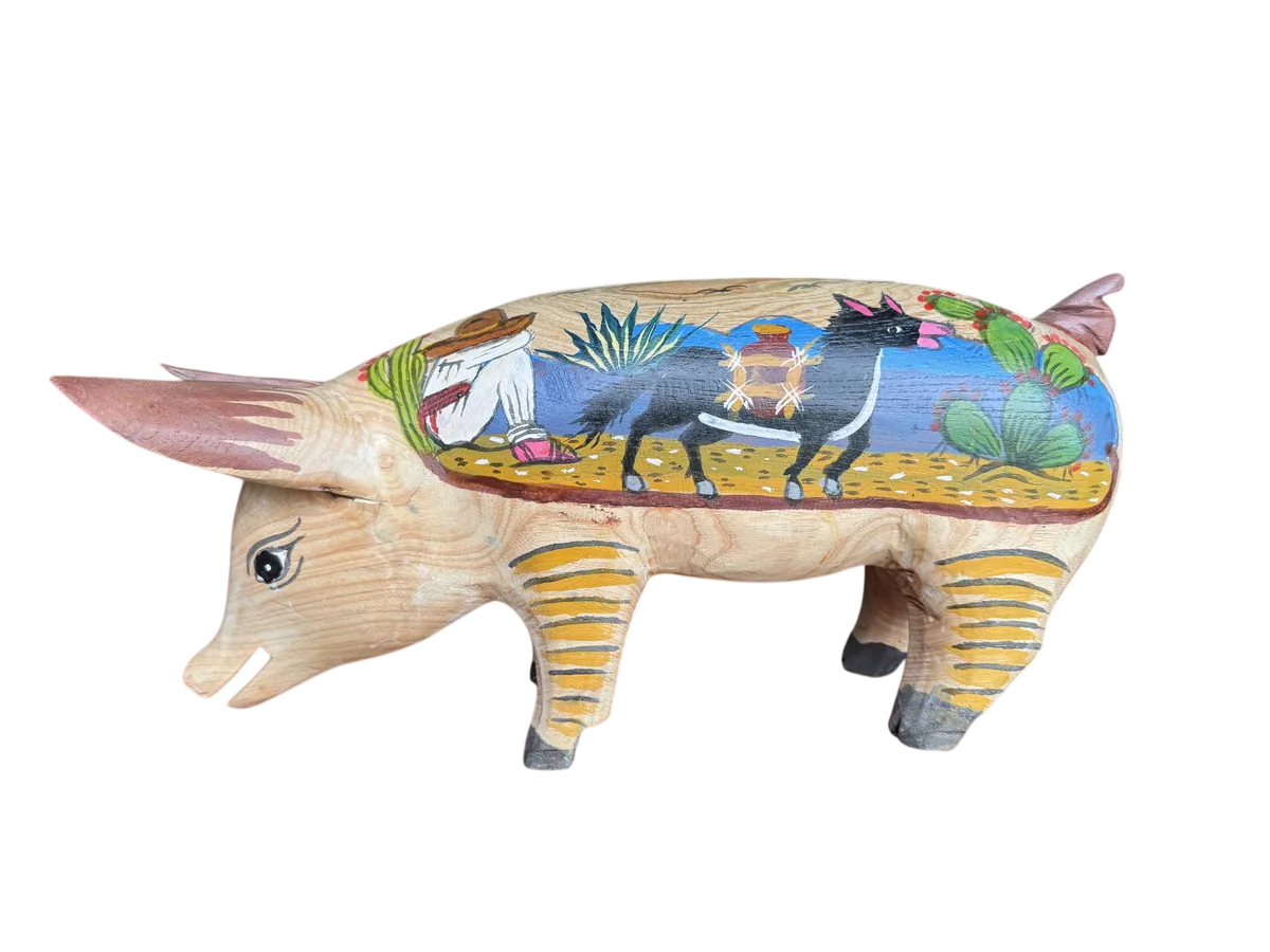 Antigua Escultura Cerdo Puerco Decorado Al Óleo. Oleo