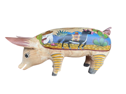 Antigua Escultura Cerdo Puerco Decorado Al Óleo. Oleo