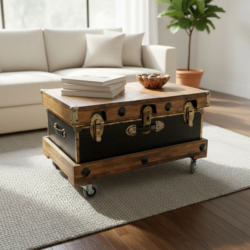 Mesa De Centro Con Baul Petaca Velis Negro Antiguo Azul