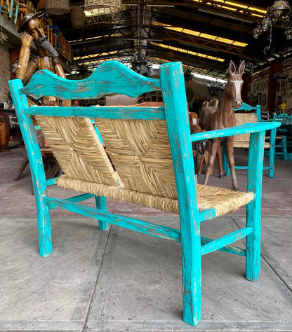 Banca Artesanal Vintage Turquesa 2 Personas Estilo Antiguo.
