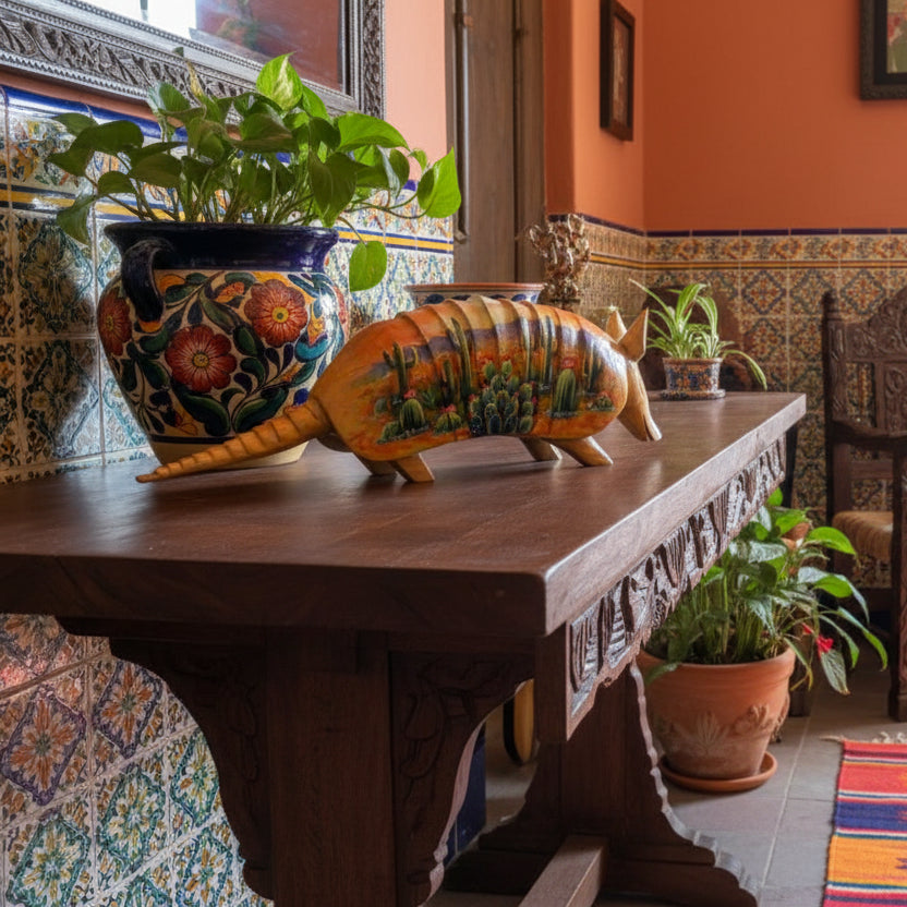 Escultura Armadillo Madera Al Óleo Estilo Antiguo 100% Nueva Oleo