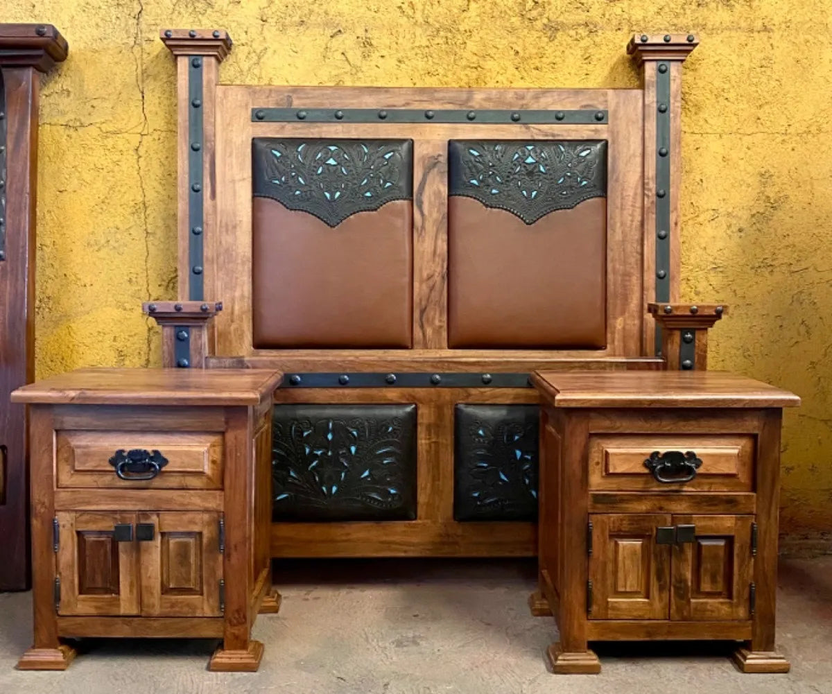 Recamara Madera De Mezquite Y Piel Estilo Antiguo Queen Marrón Claro