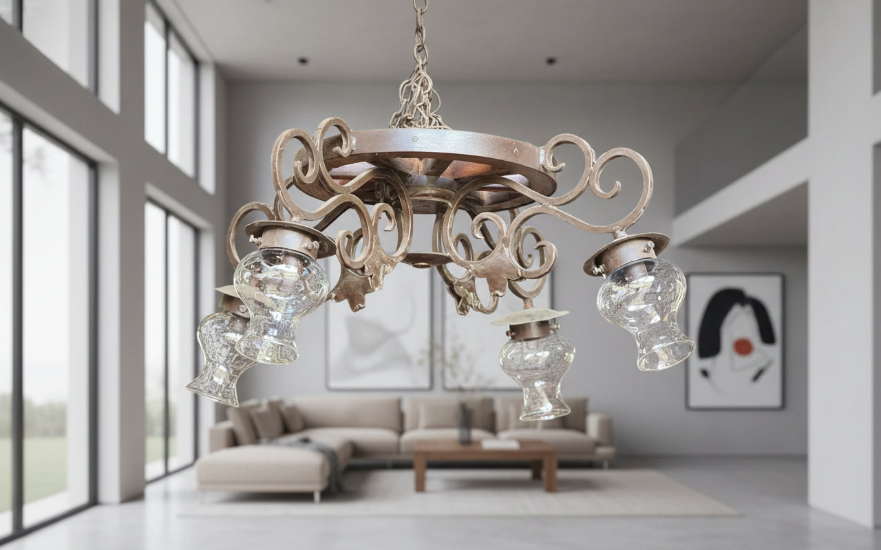 Candil De 4 Luces Rueda En Carreta Mezquite Estilo Antiguo.