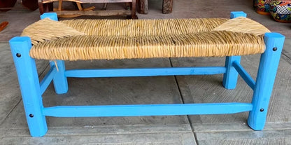Banca Artesanal Azul Madera Forja Y Tule Estilo Antiguo.